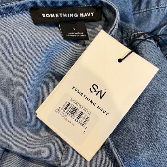 NWT Something Navy Chambray Short Romper Long Sleeve Pearl Buttons Size Large - Picture 9 of 11